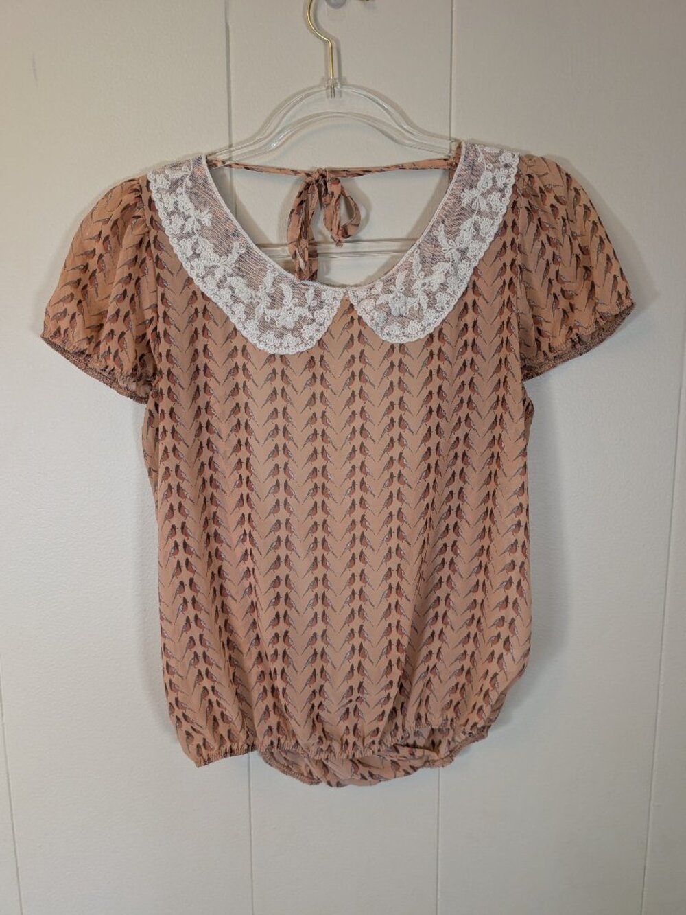 BIRD PRINT Peter Pan Collar Blouse Lace Puff Sleeve Twee Coquette Cottagecore